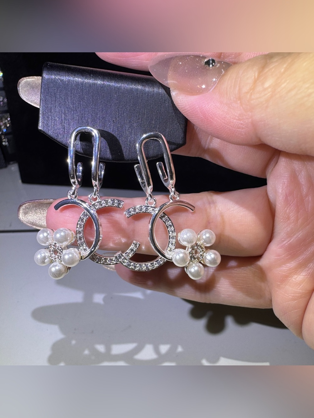 S925 Posts Pearl Flower Crystal Dangle Earrings